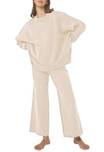 lot 88051 image: Pink Queen Two Piece Outfits For Women Oversized Puff Long Sleeve Pullover Top Sweatpants Loungewear Sets Beige L