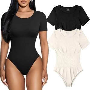 lot 88057 image: TOB Womens 2 Piece Bodysuits Sexy Ribbed One Piece Short Sleeve Tops Bodysuits Black Beige small