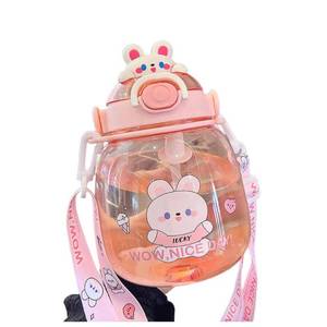 lot 88061 image: KHADOW Kawaii Straw Water Bottle with Strap Cute Bunny Big Belly Bottle Portable Cartoon Drinking Bottle Leakproof for Girls School Sport 44oz, Pink, 9U7NRFVEHKP02142U713DY