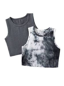 lot 88068 image: Milumia Girls 2 Piece Tie Dye Ribbed Knit Round Neck Tank Top Sleeveless Summer Crop Tops Grey and White 8YONLY THE STRIPED TOP