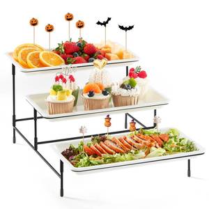 lot 88099 image: Lifewit 3 Tier Plastic Serving Tray for Party Supplies, 12 x 6.5 Platters for Serving Food, White Reusable Trays with Black Metal Display Stand for Veggie, Fruit, Cookies, Dessert