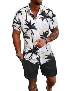 lot 88104 image: SOLY HUX Mens 2 Piece Outfits Tropical Print Short Sleeve Button Down Hawaiian Shirt and Shorts Set Black and White Tropical M