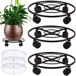 lot 88122 image: 3 Packs Large Metal Plant Caddy 13.5 Heavy-duty Plant Dolly with PU Wheels Wrought Iron Rolling Plant Stand with Casters Indoor and Outdoor Plant Pot Movers Planter Rollers Coaster Trolley, Black
