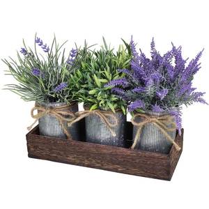 lot 88157 image: Set of 3 Small Potted Plants Arrangement Artificial Lavender and Grass Plants in Rustic Galvanized Metal Pots with Decorative Wood Tray for Farmhouse Table Centerpiece Windowsill Indoor Greenery Decor