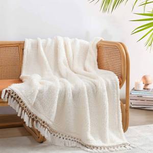 lot 88169 image: Ultra Soft Cozy Sherpa Throw Blanket, Light Weight Warm Decorative Throw Blanket with Tassel, Solid Antique White Pattern Reversible Boho Style Blanket for Sofa, Couch, Bedroom,Travel, 50�x60�