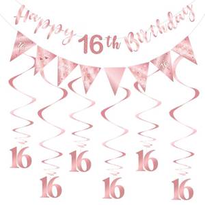 lot 88172 image: Rose Gold 16th Birthday Decoration for Girls, Happy 16th Birthday Banner Bunting Swirls, Triangle Flag Banner for 16 Birthday Party Decorations Supplies