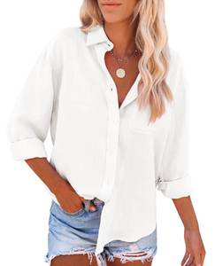 lot 90832 image: siliteelon Womens Button Down Shirts Cotton Dress Shirts Long Sleeve Blouses V Neck Solid Casual Tunics Tops with Pockets - White XL