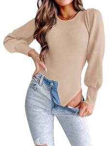 lot 90834 image: MASCOMODA Long Puff Sleeve Sweaters for Women 2024 Fall Winter Crewneck Knit Ribbed Bodysuit Pullover Tops (Beige, Medium)