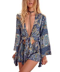 lot 90840 image: AELSON Womens Boho V Neck Print Romper Playsuit with Long Flare Sleeves,Blue,Medium