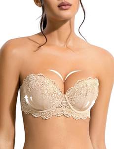 lot 90843 image: YBCG Strapless Bra Push Up with Clear Straps Lace Padded Add 2 Cups Convertible Mutiway Balconette Underwire for Women Nude 34D