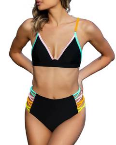 lot 90854 image: popvil Two Piece Swimsuit for Women Rainbow Side Strappy Bathing Suit V Neck Bikini Set M