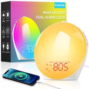 lot 90870 image: Wake Up Light Sunrise Alarm Clock for Kids, Adults, Heavy Sleepers, Bedroom. Alarm Clock with FM Radio, Snooze, Sleep Aid, Sunrise Simulation, Dual Alarms, 15 Colors 10 Natural Sounds, Ideal for Gift