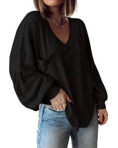 lot 90887 image: BTFBM Womens Casual V Neck Ribbed Knit Shirts 2024 Fall Pullover Tunic Tops Loose Balloon Long Sleeve Blouses Top(Solid Black, Large)