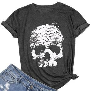 lot 90888 image: Halloween Shirts for Women Funny Skull Graphic Tees Casual Short Sleeve Comfy Fall Tops Hocus Pocus Skeleton Horror Novelty Tee Shirts (Light Green, L)