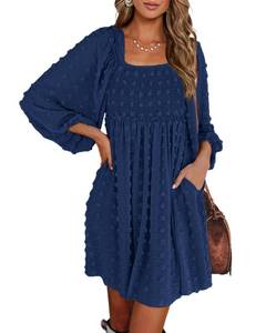 lot 90890 image: BTFBM Women Square Neck Smocked Dresses 2024 Summer Fall Long Sleeve Floral Swiss Dot Ruffle Party Mini Boho Dress(Swiss Dot Navy, Large)
