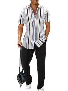 lot 90891 image: OYOANGLE Mens 2 Piece Outfit Stripe Button Down Short Sleeve Shirt and Drawstring Waist Pant Set Black and White L