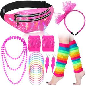lot 90895 image: Handepo 19 Pcs 80s Costume Accessories Holographic Fanny Pack Leg Warmers Lace Headband Earrings Gloves Necklace Bracelet (Multicolor)