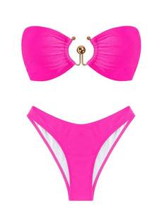 lot 90905 image: ZAFUL Womens Metallic Sparkly Glitter Shiny O Ring Metal Hardware High Cut Cheeky Bandeau Bikini Set Swimwear Rose Red S