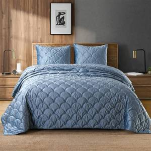 lot 90907 image: HORIMOTE HOME Velvet Quilt Set Queen Size, Light Blue Luxury Velvet Comforter Set 3 Pieces Soft Warm Bedding Set Coverlet with 2 Shams, Geometric Pattern Quilted Bedspread for All Season