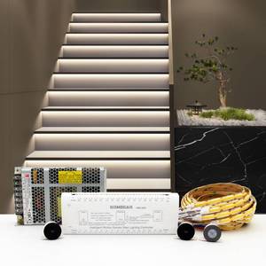 lot 90908 image: KOMIGAN Intelligent Motion Sensor LED Stair Lighting Kit KMG-3233, 40 Inch (100 cm) Long Cuttable LED Strip Light for Indoor LED Stair Lights LED Step Lights (Cool White 6000K, 12 Stairs) - Retail $213.32