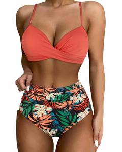 lot 90922 image: SUUKSESS Women Twist High Waisted Bikini Push Up Two Piece Swimsuits Sexy Bathing Suits(Coral Floral Pink,L)