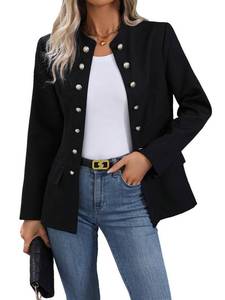 lot 90939 image: MakeMeChic Womens Elegant Mock Neck Button Down Blazer Long Sleeve Pea Coat Outerwear Black S