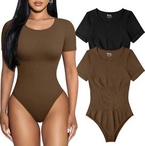 lot 90942 image: TOB Womens 2 Piece Bodysuits Sexy Ribbed One Piece Short Sleeve Tops Bodysuits Black Coffee XL