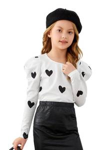lot 90946 image: WDIRARA Girls Heart Print Round Neck Puff Long Sleeve Tee Cute T Shirt Black and White 8Y