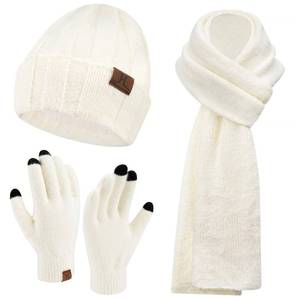 lot 90952 image: Womens Winter Warm Knit Beanie Hat Touchscreen Gloves Long Neck Scarf Set with Fleece Lined Skull Caps Gifts for Women Men White