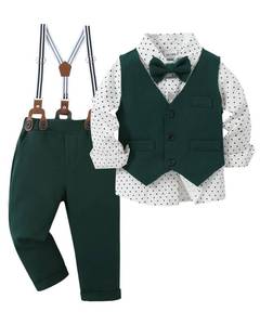 lot 90966 image: YUEMION Toddler Baby Boy Clothes Suits Gentleman Dress ShirtBowtieVestSuspender Pants Boy Formal Wedding Outfits Set (White and Green,3-4T)