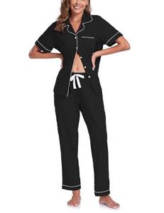 lot 90967 image: COLORFULLEAF Womens 100% Cotton Pajama Set Button Down Short Sleeve Shirt and Long Pants Sleepwear Soft ladies Lounge Sets(Black, L)