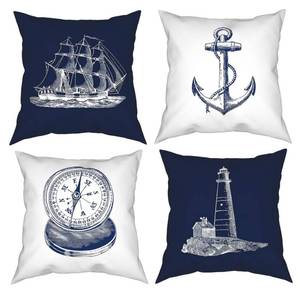 lot 90973 image: GUCOON Nautical Navy Blue Throw Pillow Covers,Double-Sided Anchor Navigation Lighthouse Compass Sailboat Decorative Pillow Covers,Set of 4 Pillow Case for Outdoor Sofa Couch Home Bed Nautical Decor