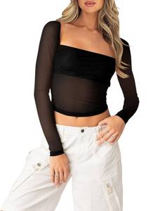 lot 90974 image: Imily Bela Womens Long Sleeve Crop Tops Mesh Square Neck Y2K Going Out Clubwear T Shirts Black M