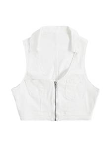 lot 90975 image: WDIRARA Womens Zipper Up Collared Scoop Neck Sleeveless Patched Pockets Denim Tank Top White Solid M
