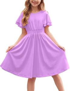 lot 90976 image: Arshiner Girls Sundress Short Sleeve Stretchy A-Line Swing Flared Skater Party Dress for Kids (Lavender, Size 11 12)