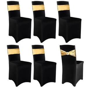 lot 90979 image: Frienda 12 Pieces Black Chair Cover Stretch Spandex Chair Slipcovers and Stretch Chair Sash with Round Buckle for Graduation Prom Party Banquet Holidays Celebration (Black and Gold)