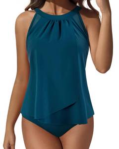 lot 90985 image: SUUKSESS Women Slimming Tummy Control Tankini Bathing Suits Ruffle High Waisted High Neck 2 Piece Swimsuits(Peacock Blue,XXL)