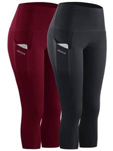 lot 90986 image: NELEUS 2 Pack Tummy Control High Waist Workout Yoga Capri Leggings Yoga Pants,9027,Black,Dark red,XL,EU 2XL