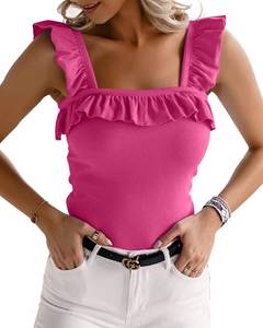 lot 90997 image: WAYMAKER Womens Cute Summer Ruffle Bodysuit Square Neck Sleeveless Ribbed Tube Tops Hot Pink Medium Large
