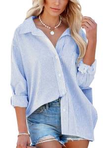 lot 91005 image: Flowyair Womens Oversized Button Down Shirts Business Casual Long Sleeve Blouse Work Striped Tops Blue M