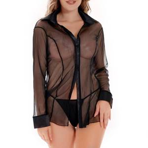 lot 91006 image: Ruzishun Sheer Mesh Button Shirt Womens Chiffon Shirt Long Sleeved See-Through Blouse Black-L