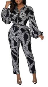 lot 91018 image: Xinlees Womens Elegant Jumpsuits Casual V-neck Long Sleeve Stripes Stretchable Bandage Long Pants Rompers Button Pocketed Party Club with Belt(Black,L)