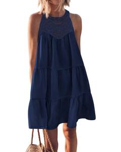 lot 91019 image: BTFBM Women Hollow Out Halter Neck Dress Spring Summer Sleeveless Tiered Swing Sundress Casual Beach Vacation Dresses(Solid Dark Blue, Medium)
