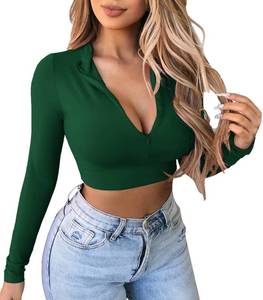 lot 91020 image: Artfish Womens Long Sleeve Quarter Zip Crop Tops Fleece Lined V Neck Fitted Sexy Cropped Shirts (01#Dark Green, S)