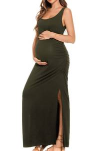 lot 91023 image: Smallshow Womens Split Long Maternity Dress Sleeveness Ruched Pregnancy Clothes Large Army Green L