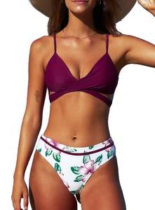lot 91026 image: SouqFone Women Twisted Front Padded Two Piece Bikini Swimsuit Spaghetti Strap Floral Wrap Bathing Suits-L, Burgundy