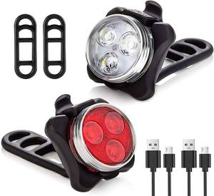 lot 91036 image: RAV3 Bike Light Set - Super Bright Waterproof Front and Rear Bike Bicycle Light Set - 4 Light Modes for Bike LEDs Rechargeable Set - (2 Black Led Lights, 2 USB, 2 Straps)