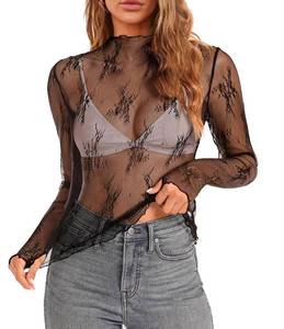 lot 91045 image: NIVYEE Mesh Long Sleeve Tops for Women Valentines Day Layering Top See Through Tops Black L