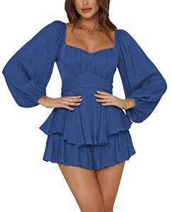 lot 91052 image: LYANER Womens Jumpsuit Lantern Long Sleeve Ruffle Layer Tie Mini Short Romper Solid Blue Large