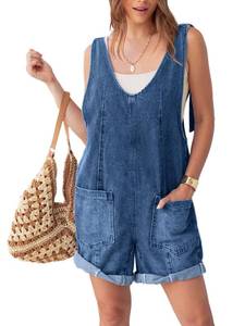 lot 91053 image: Glamaker Womens Casual Sleeveless V Neck Denim Romper Overall Shorts Summer Jean Romper Denim Outfit With Pocket(Dark Denim Blue XL)